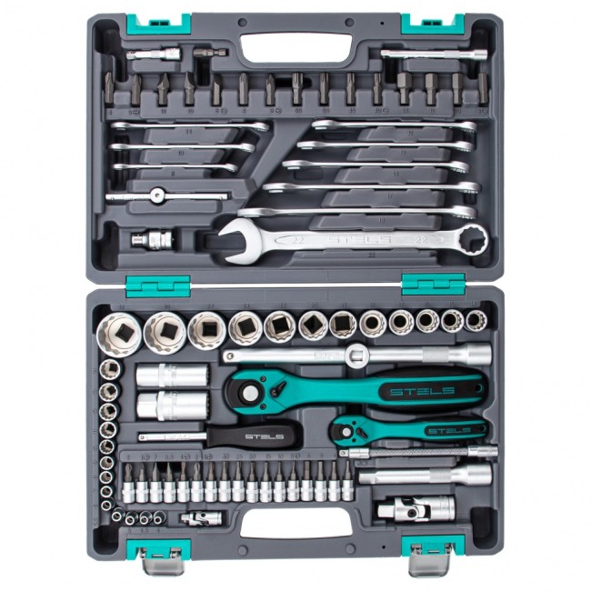 Набор инструментов 1/2", 1/4" 12 гранные головки 82 предмета Stels Набор инструментов 1/2", 1/4" 12 гранные головки 82 предмета Stels