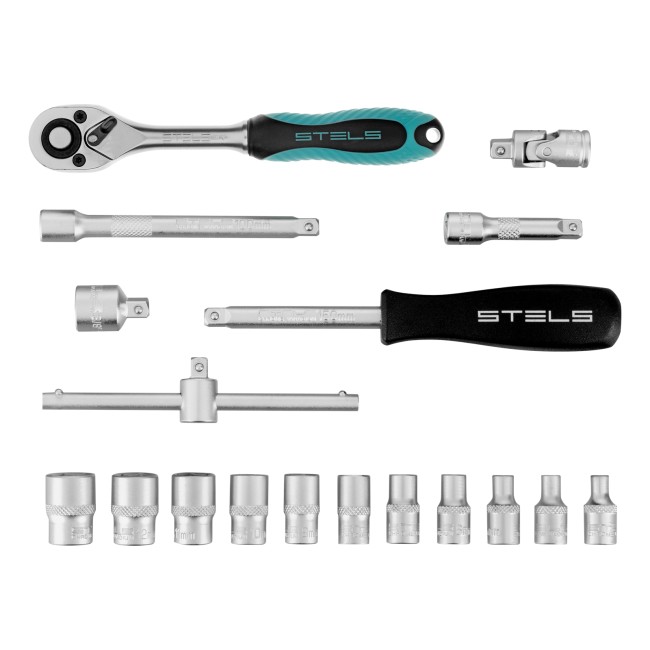Набор торцевых головок с трещоткой, 1/4" 18 предметов Stels Набор торцевых головок с трещоткой, 1/4" 18 предметов Stels