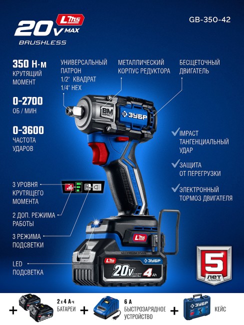 Ударный гайковерт ПРОФЕССИОНАЛ GB-350-42 ЗУБР 20 В, 350 Н·м, 2 АКБ LMS (4 А·ч)